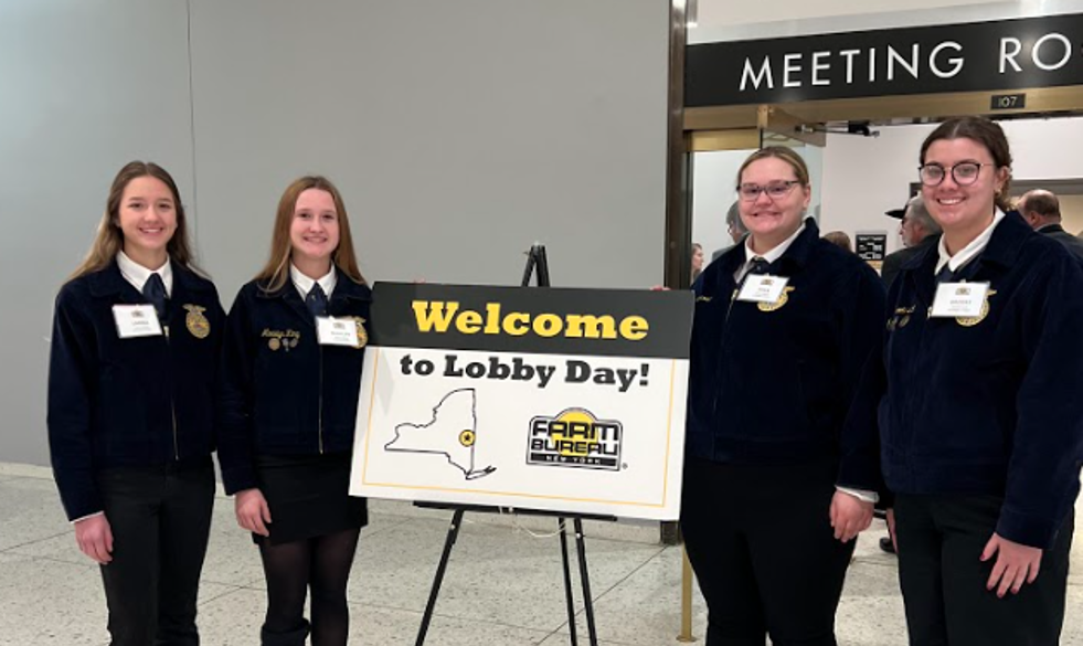 Photo courtesy of Michelle Barber: Attica Future Farmers of America Chapter Officers Madelyn King, Brooke Luck, Erika Conrad and Larissa Hyman are pictured at the New York State Farm Bureau’s annual Lobby Day in Albany in late February. 