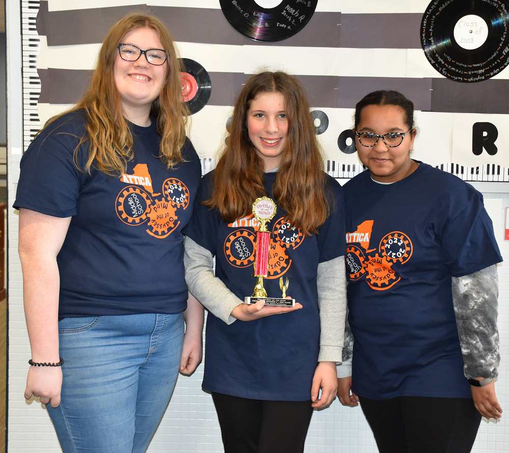  Abby Lampke, Lauraeli Shaffer-Walko, and Trinnity Wheatle took second at the Odyssey of the Mind regional competition on March 12 and qualified for the state championships on March 26 in Syracuse. 