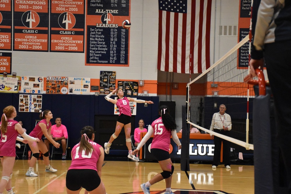 Attica's Ellie Cusmano goes up for the kill Oct. 19 during the Blue Devils' straight sets win over Kendall. 