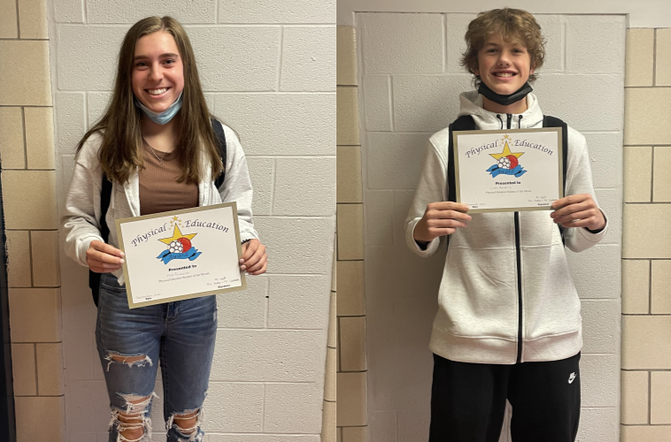 Junior Mia Ficarella, left, and Sophomore Cole Harding, right, were named Physical Education Students of the Month for December. 
