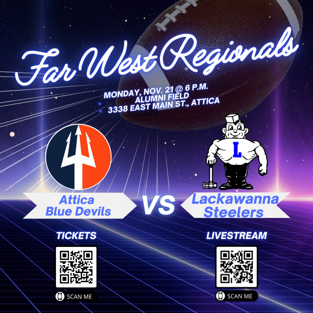A graphic image teasing the Far West Regional football game between Attica and Lackawanna on Nov. 21.