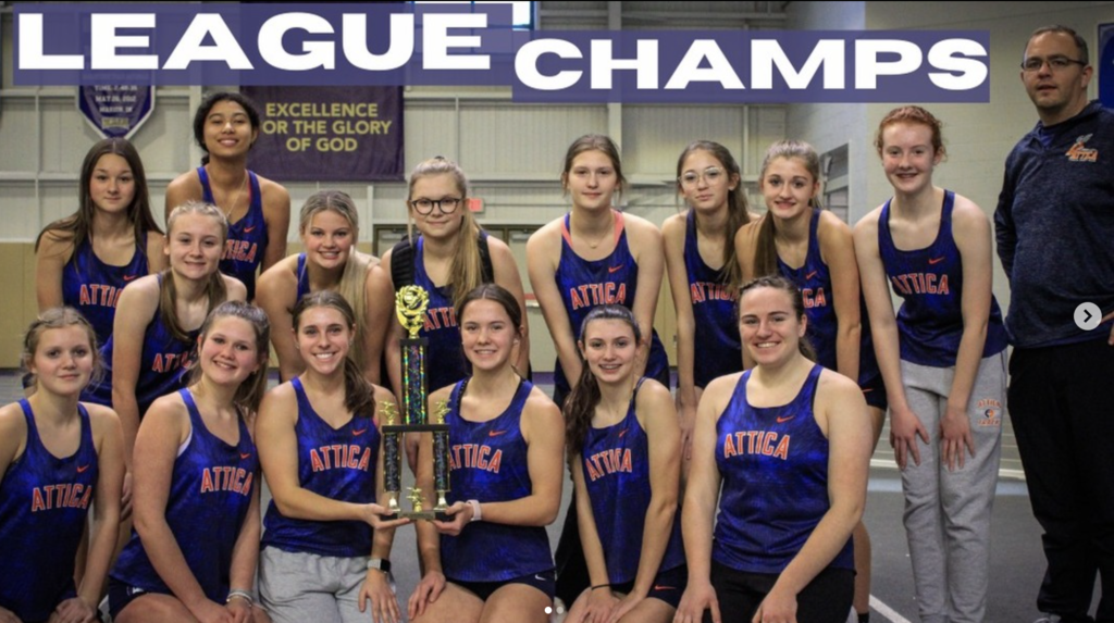 Attica’s girls indoor track and field team pose for a team photo after winning the Rochester Winter Track League Championships Saturday at Houghton College.