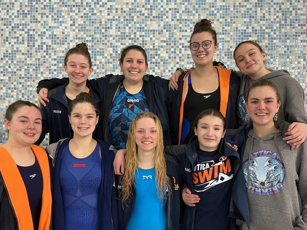 Members of Attica’s girls varsity swim team pose for a photo at the Genesee Region/Niagara-Orleans Intersectional Championships Friday at Gates-Chili High School.