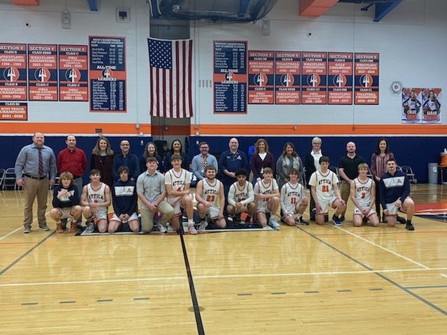 Attica teachers and members of the district’s varsity boys basketball team are pictured Monday during Teacher Appreciation Night. 