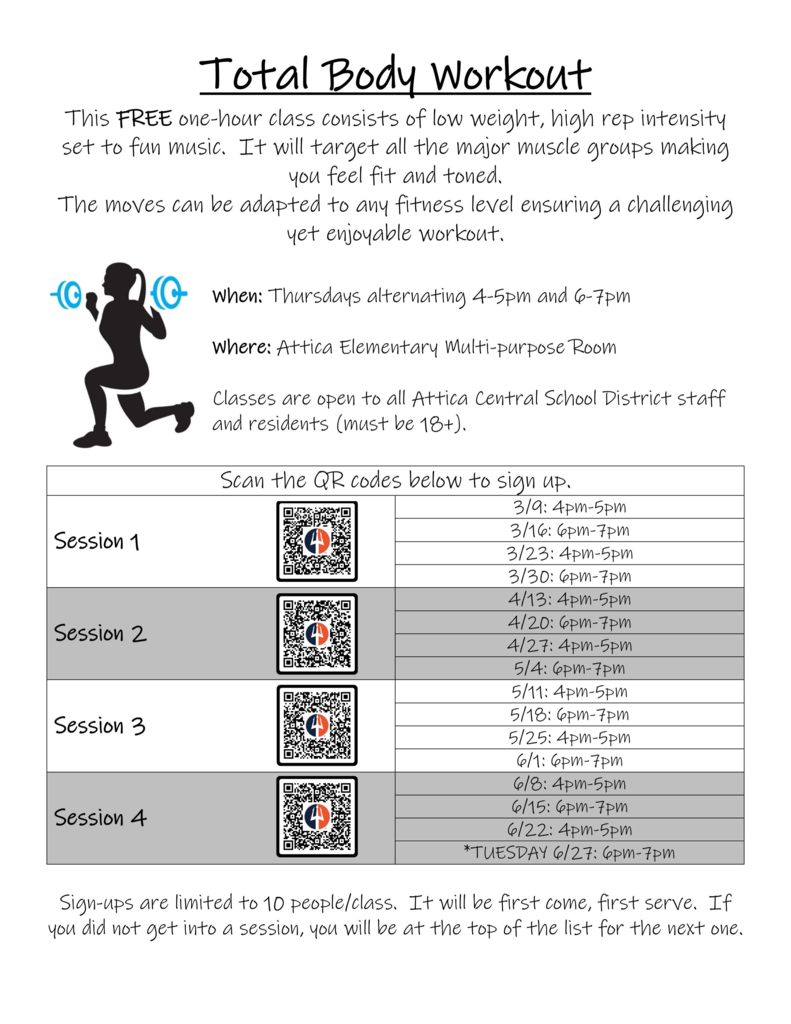 An informational flyer detailing dates and times of upcoming total body workout classes in Attica Elementary School’s multi-purpose room. 