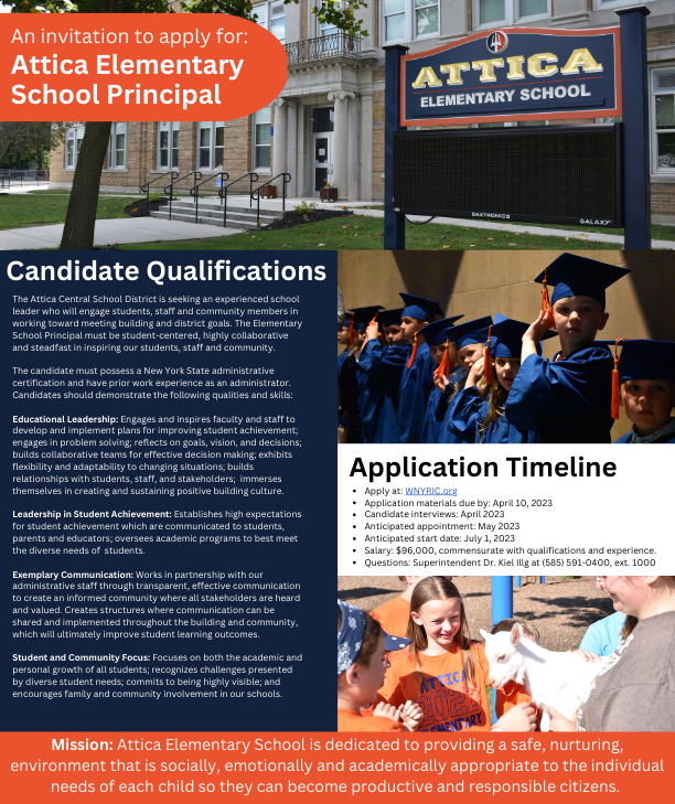 An informational flyer advertising the elementary school principal position the district is hiring for. 