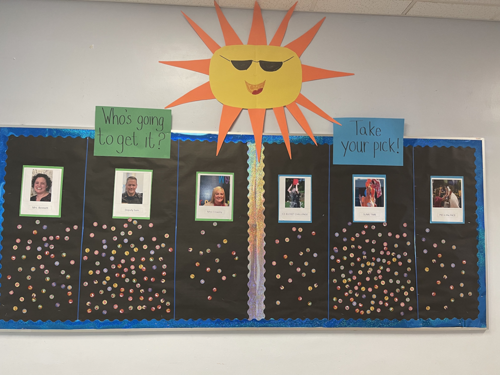 The bulletin board where elementary school students will vote for which staff member - Interim Principal Sherry Bennett, Counselor Amanda Crowley or SchooL Resource Officer Deputy Sam West - will get a pie in the face, be slimed or have to do the ice bucket challenge. 
