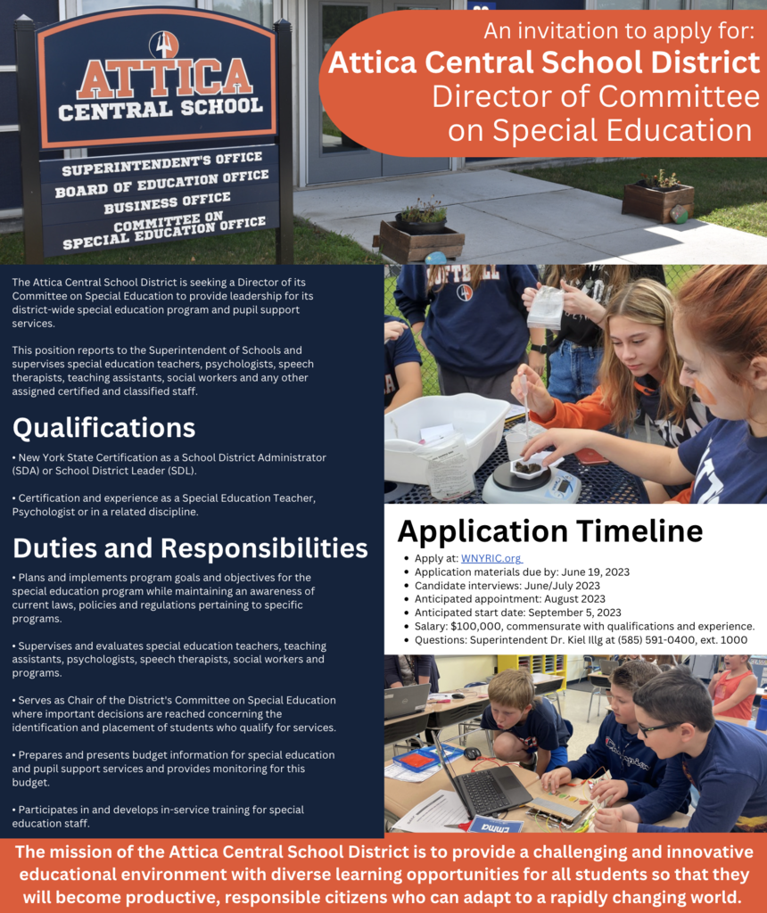 An information flyer outlining Attica’s open Director of Committee on Special Education position.  