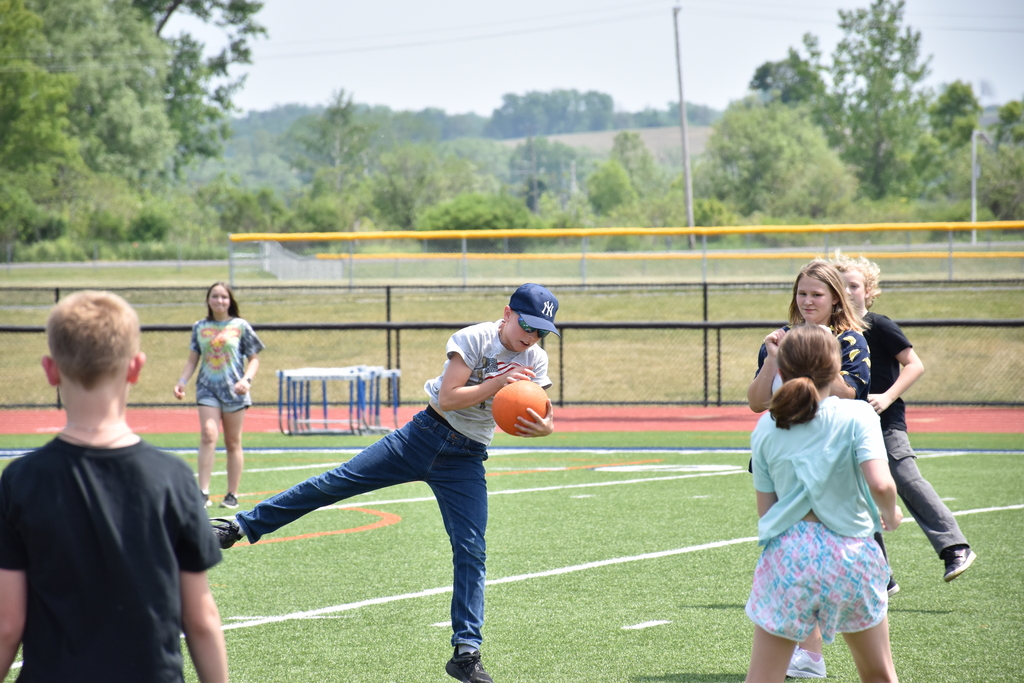 Bryton Scripp is pictured playing kickball in gym class last week. 